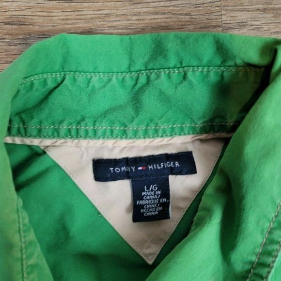 Tommy Hilfiger T-Shirt Button Up Green Solid Polo Shirt Short Sleeve 90s Y2K L - Picture 4 of 8